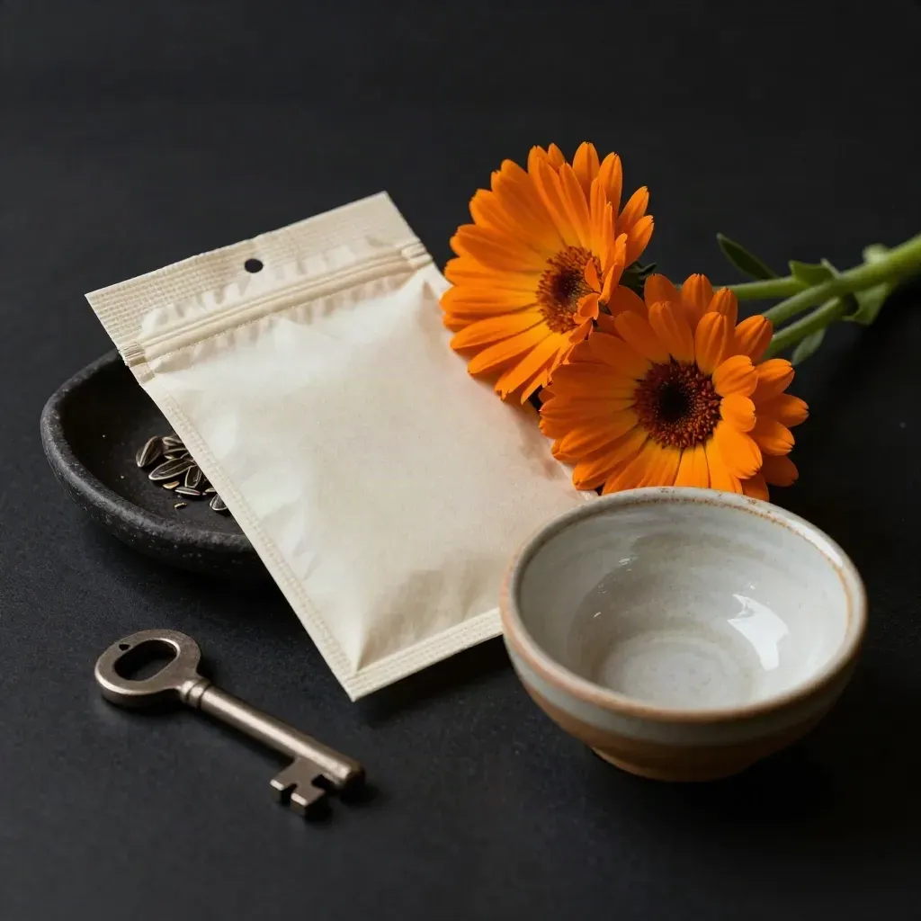 Bustina di semi di calendula con due fiori arancio, vassoio semina e ciotola in ceramica crema.
