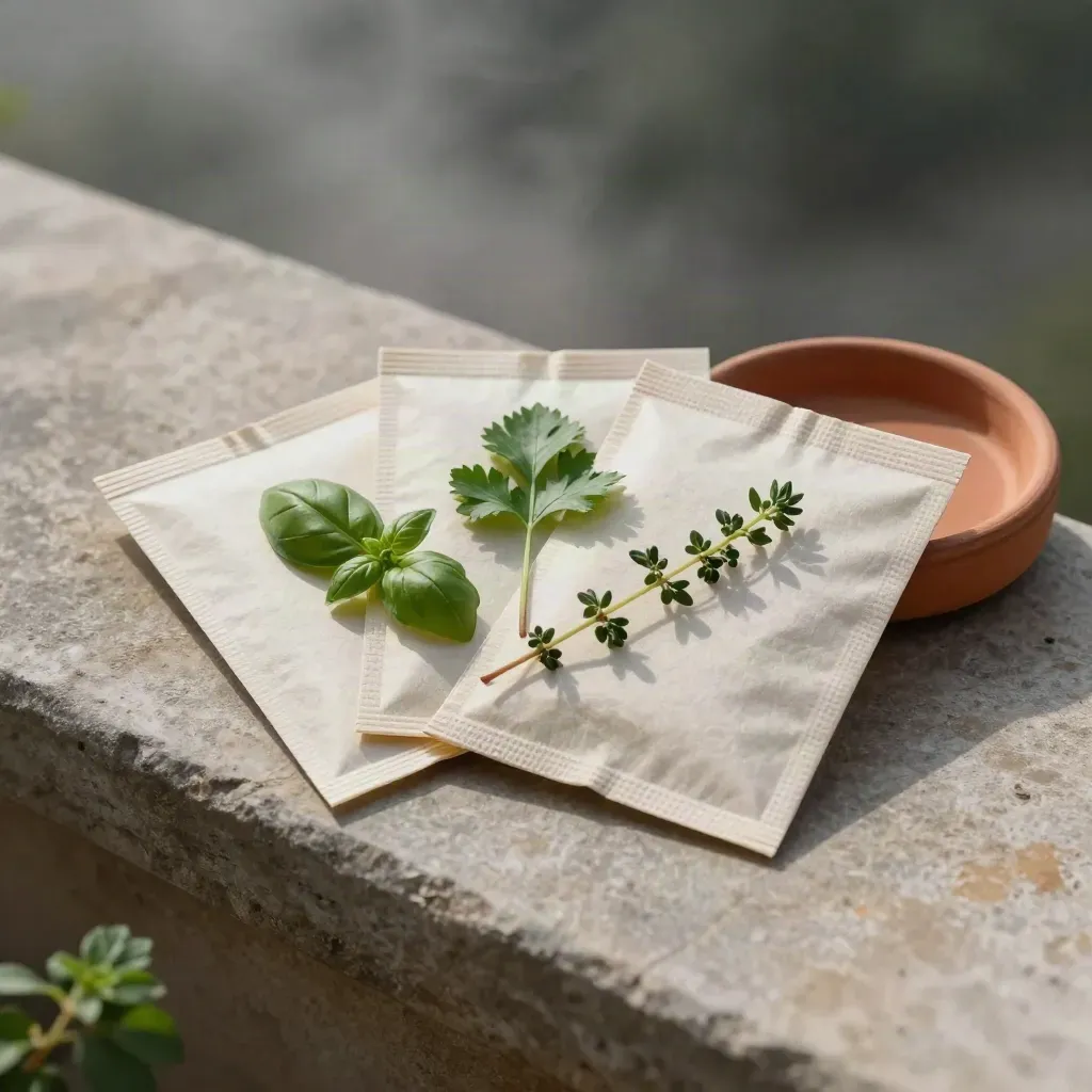 Bustine semi aromatici con rami di basilico, prezzemolo e timo su pietra e piattino in terracotta.