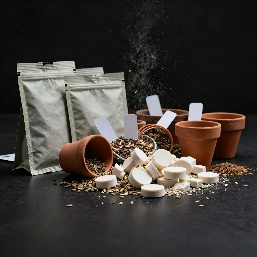 Kit da orto in vaso aperto con vasetti, semi, tavolette di cocco e substrato su fondo nero.