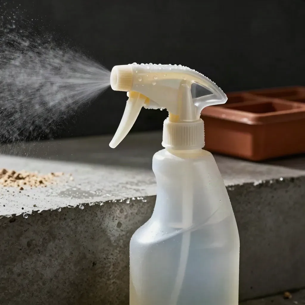 Spruzzino per semina in macro, con gocce sul beccuccio e nebbiolina su fondo cemento.