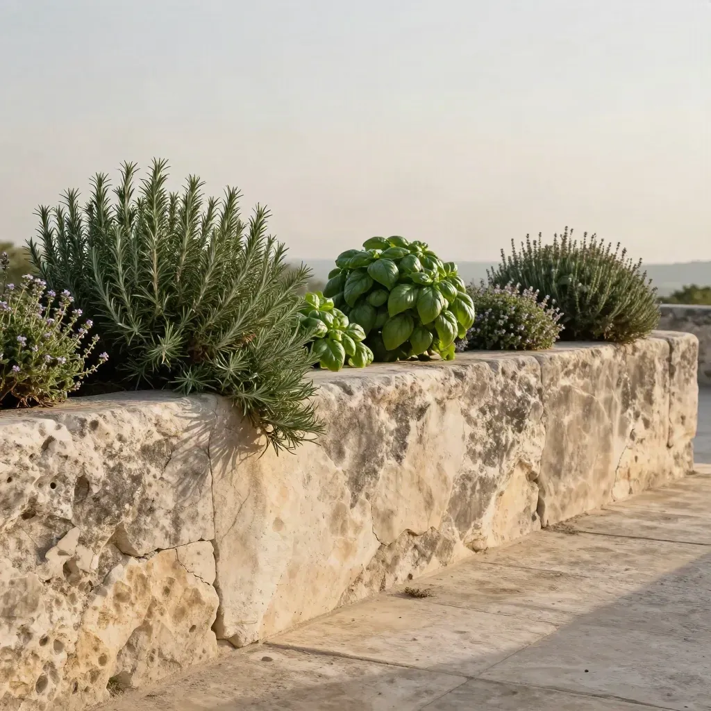 Orto di erbe aromatiche su un muretto assolato, con rosmarino, basilico e timo nel vento