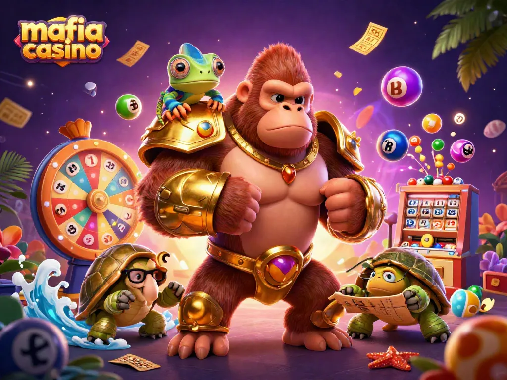 Mafia casino dynamic scene featuring a gorilla king, chameleon, and tortoise amidst lottery elements and golden tickets.